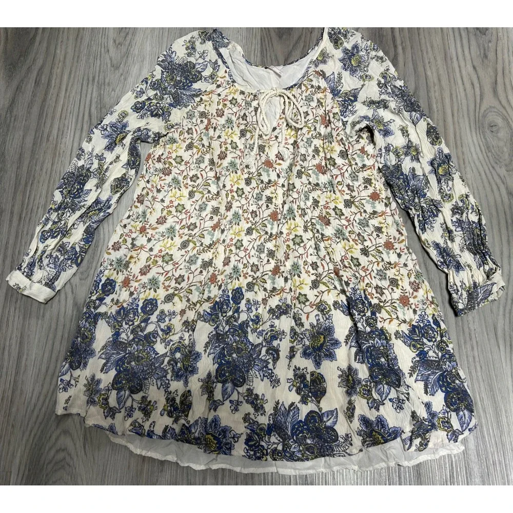 Free People Womens Floral Long Sleeve Boho Mini Dress Rayon M Cream Blue Multi